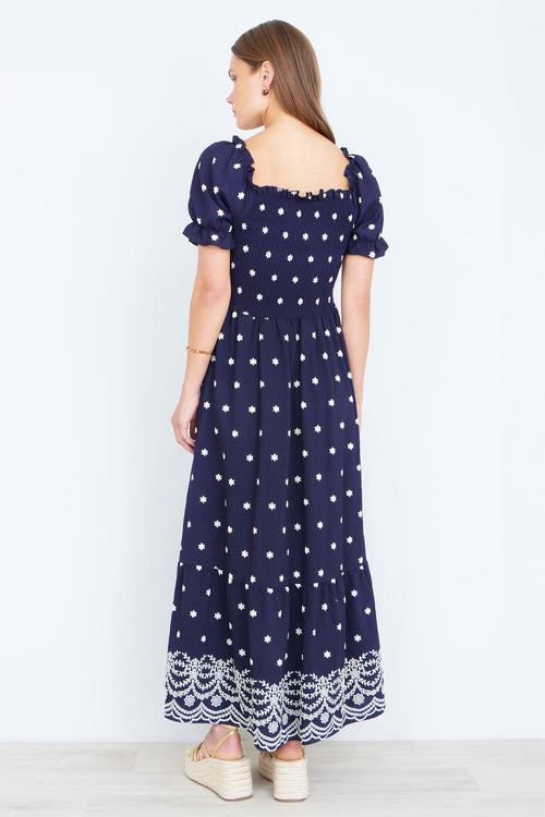 Yumi Navy Border Hemline Smocked Maxi Dress