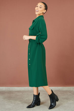 Yumi Green Stretch Midi Shirt Dress