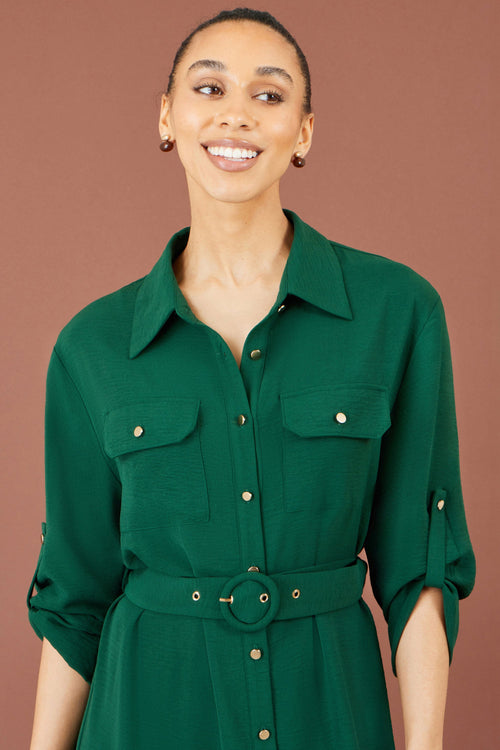 Yumi Green Stretch Midi Shirt Dress