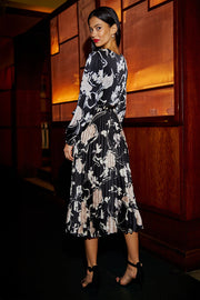 Yumi Black Floral Satin Pleated Midi Dress