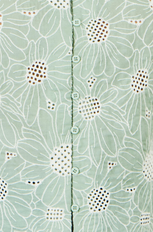 Yumi Green Daisy Broderie Shirt With Fluted Sleeves