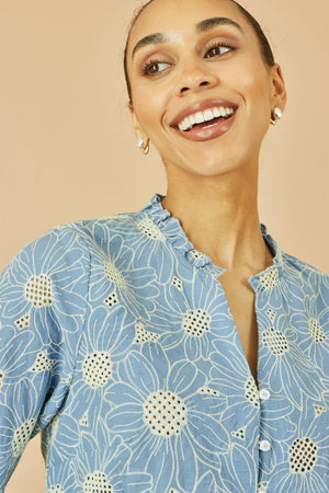 Yumi Blue Daisy Broderie Shirt With Fluted Sleeves