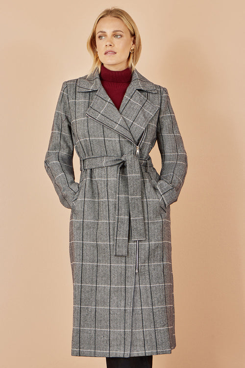Yumi Grey Check Oversize Long Biker Coat