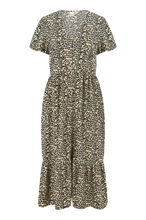 Yumi Brown Leopard Print Pleated Button Through Midi Dress