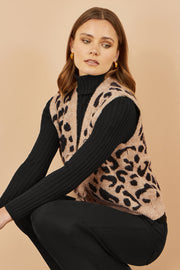 Yumi Beige Animal Print Intarsia Tie Front Waistcoat