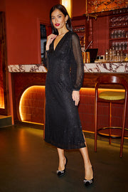 Yumi Black Sequin Long Sleeve Midi Dress