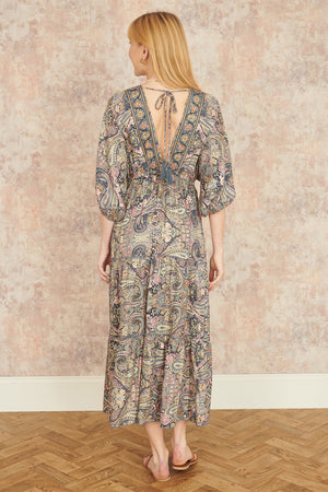 Yumi Multicolour Paisley Print Midi Kimono Dress With Tie Back