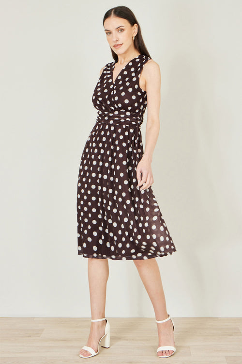 Yumi Brown Polka Dot Mesh Wrap Skater Dress With Pockets