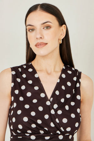 Yumi Brown Polka Dot Mesh Wrap Skater Dress With Pockets