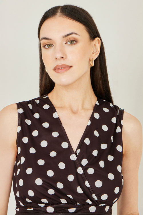 Yumi Brown Polka Dot Mesh Wrap Skater Dress With Pockets