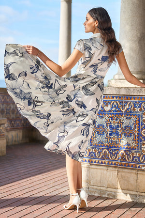 Yumi White Abstract Floral Midi Shirt Dress