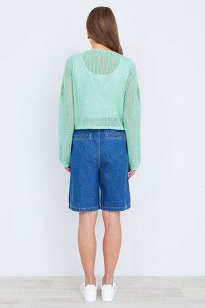 Yumi Mint Tie Front Cardigan With Flower Design