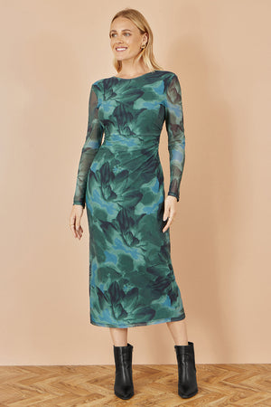 Yumi Green Floral Mesh Bodycon Dress With Tie Back
