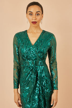 Yumi Green Sequin Midi Wrap Dress With Split Hemline And Long Sleeves