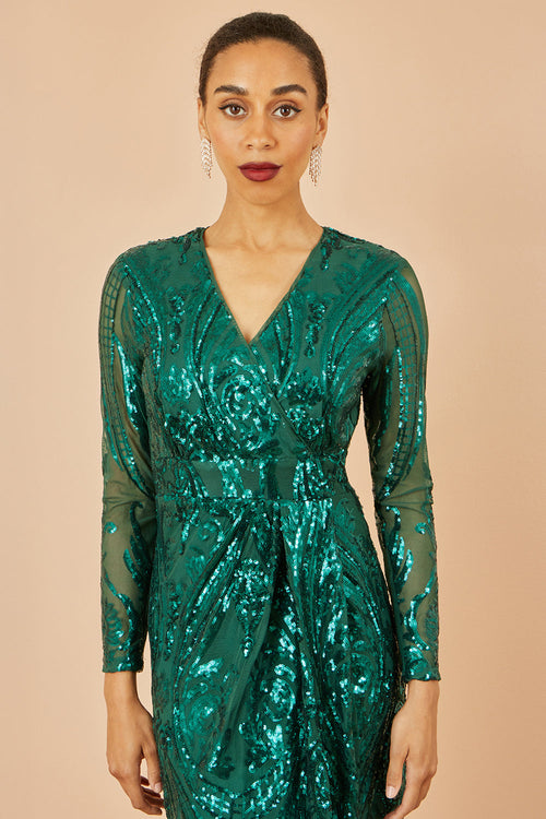 Yumi Green Sequin Midi Wrap Dress With Split Hemline And Long Sleeves