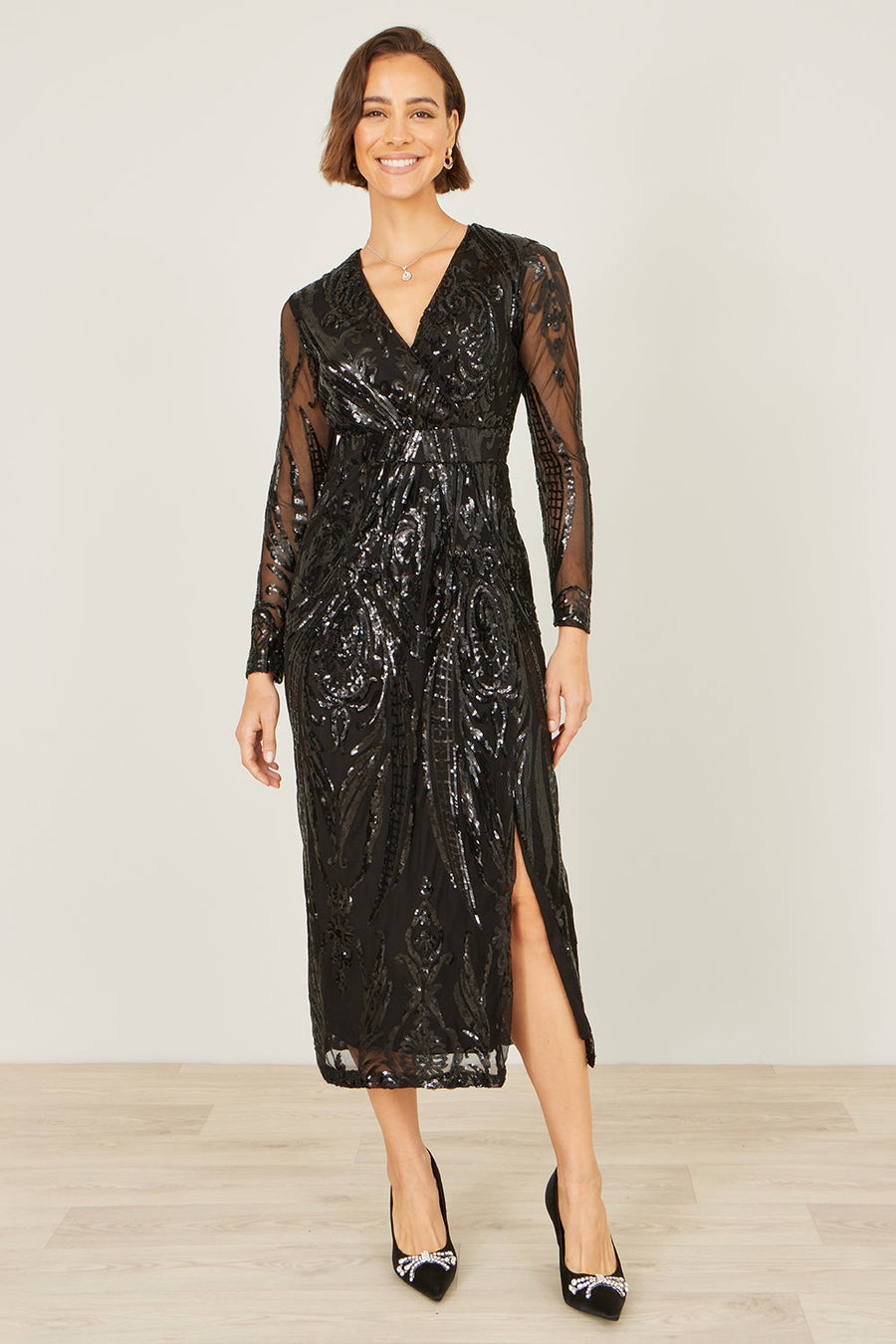 Yumi Black Sequin Midi Wrap Dress With Split Hemline And Long Sleeves