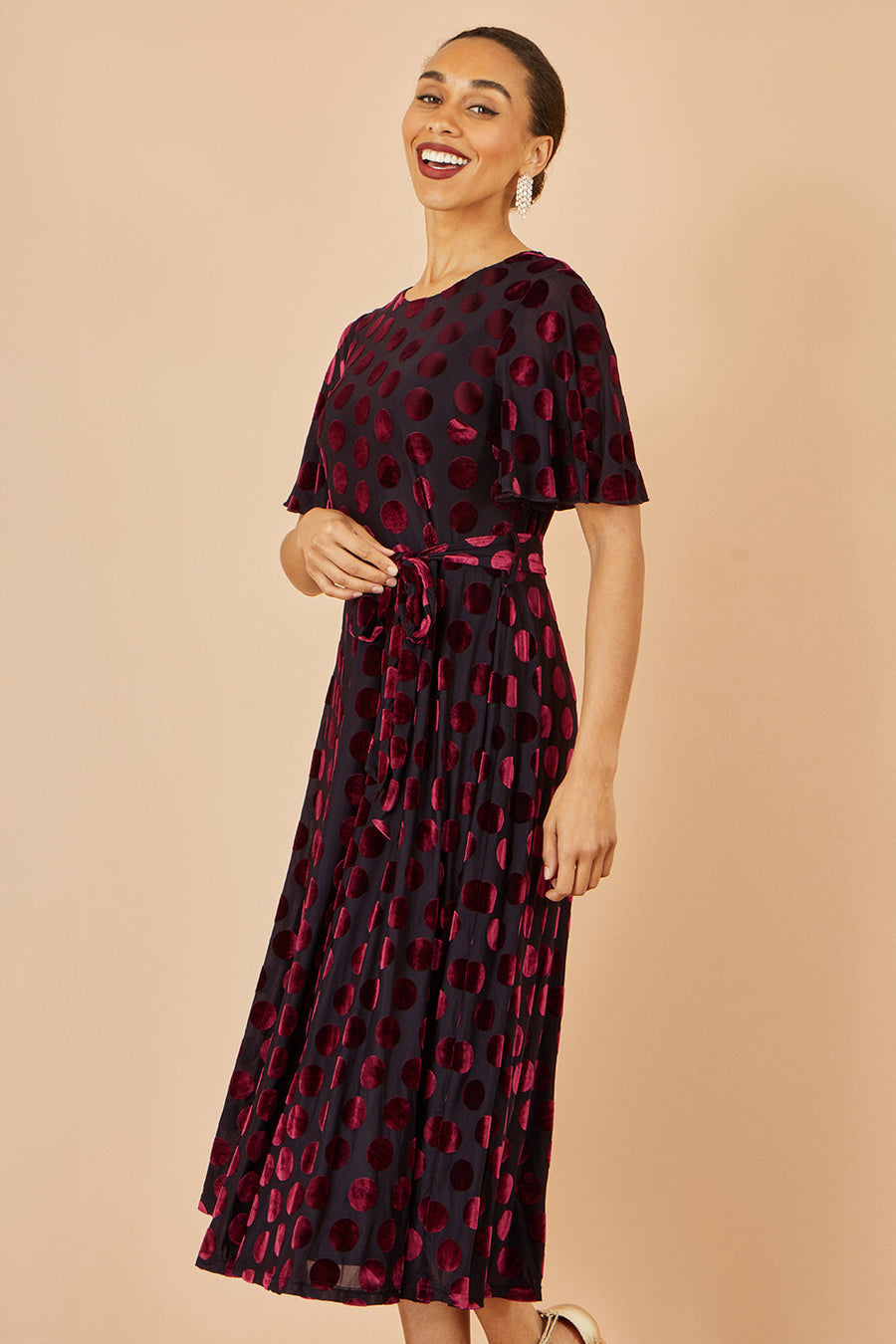 Yumi Burgundy Velour Spot Midi Skater Dress