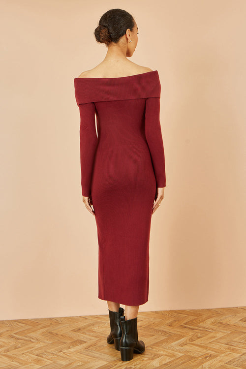 Yumi Burgundy Bardot Knitted Fitted Midi Dress