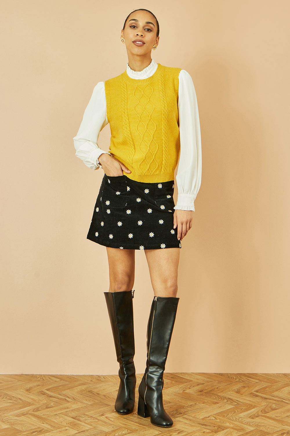 Yumi Mustard Cable Knit Sleeveless Jumper
