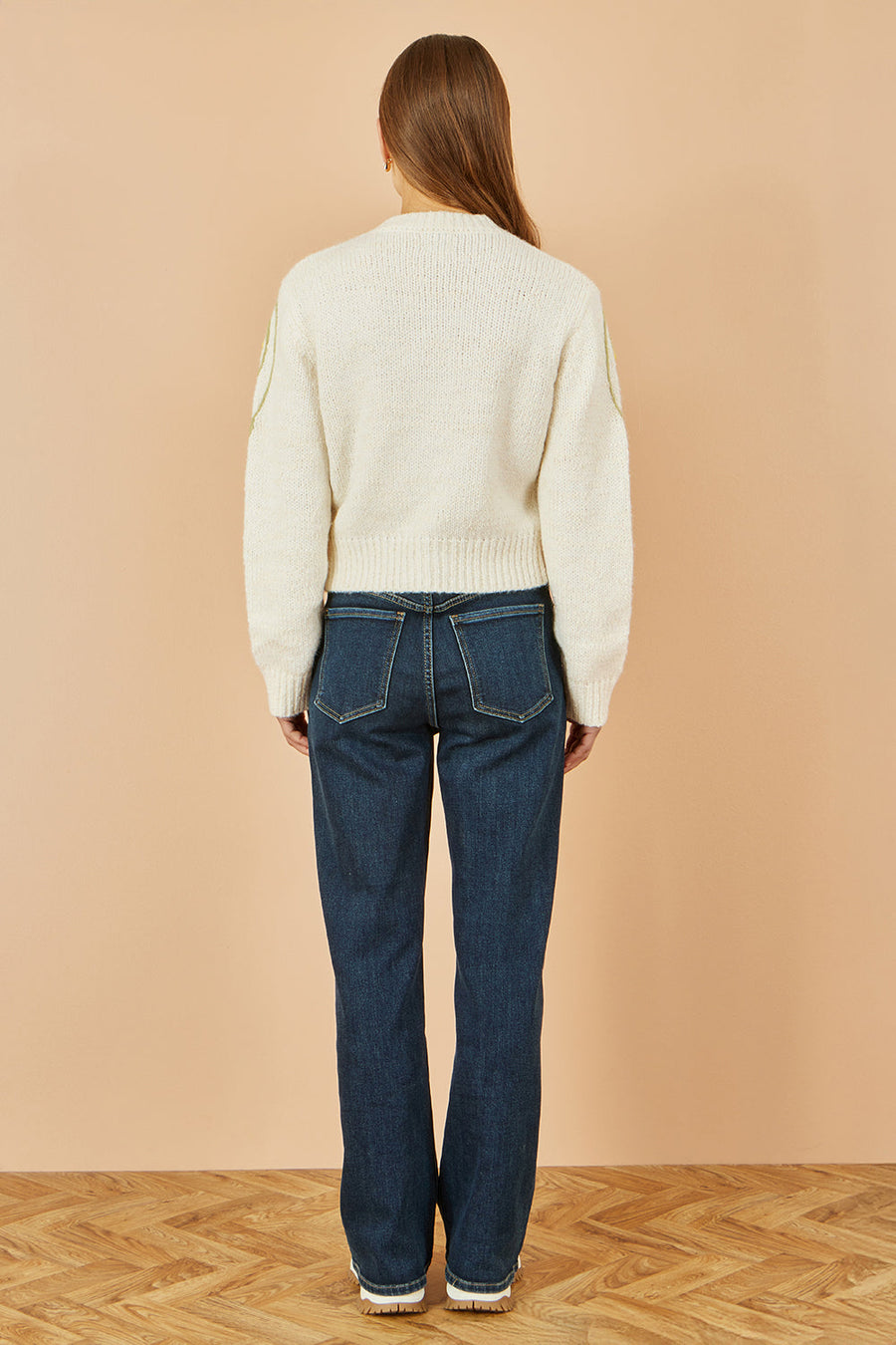 Yumi Beige Flower Embroidered Chunky Knit Cardigan