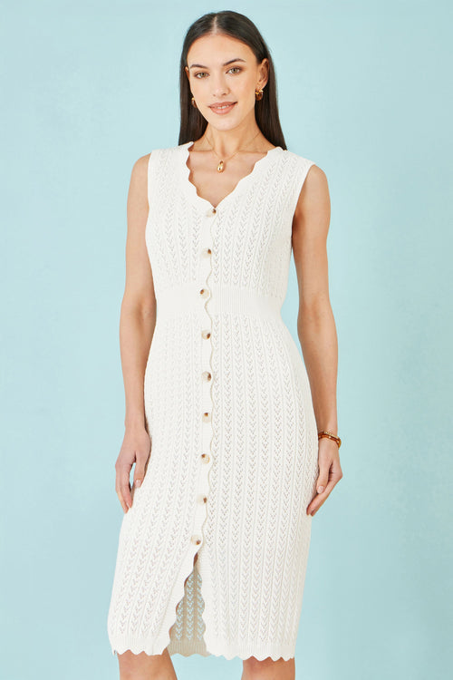 Yumi Ivory Cotton Scallop Crochet Knitted Dress