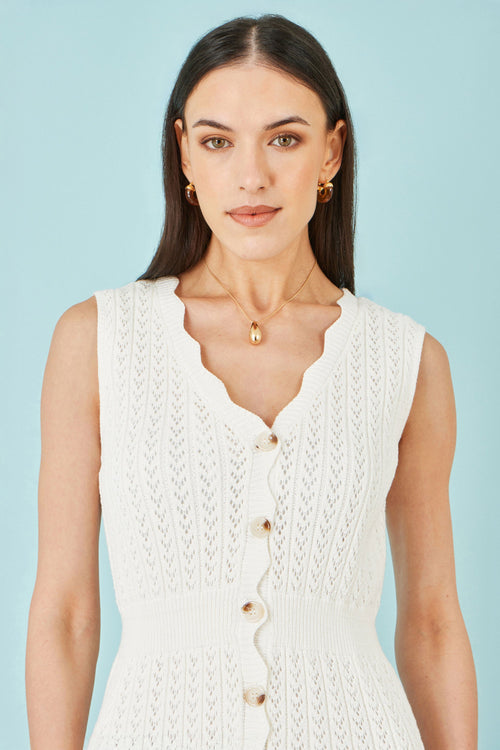 Yumi Ivory Cotton Scallop Crochet Knitted Dress