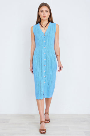 Yumi Blue Scallop Edge Crochet Knitted Midi Dress