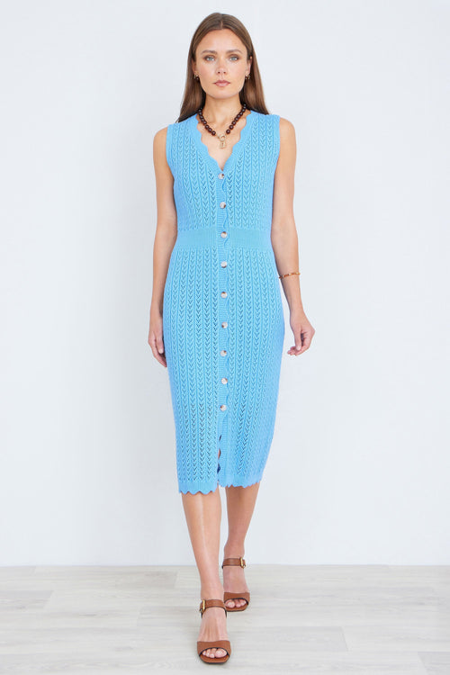 Yumi Blue Scallop Edge Crochet Knitted Midi Dress