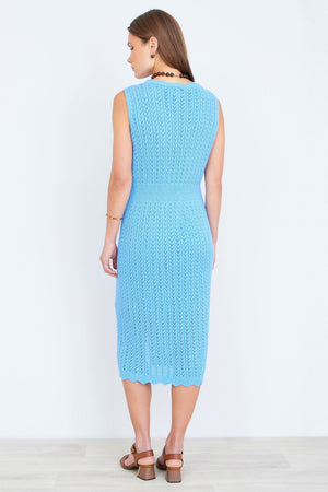 Yumi Blue Scallop Edge Crochet Knitted Midi Dress