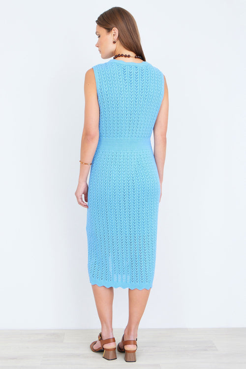 Yumi Blue Scallop Edge Crochet Knitted Midi Dress