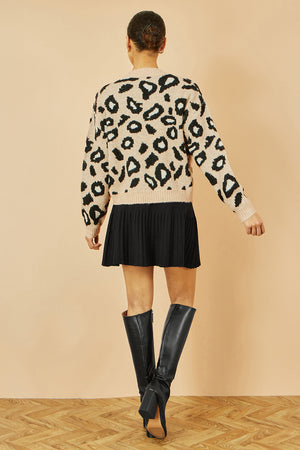 Yumi Beige Animal Print Intarsia Tie Front Cardigan