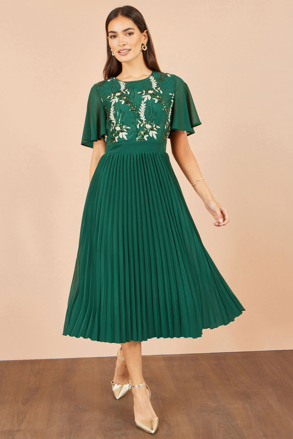 Yumi Green Sequin Embroidered Pleated Midi Dress