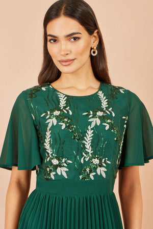 Yumi Green Sequin Embroidered Pleated Midi Dress