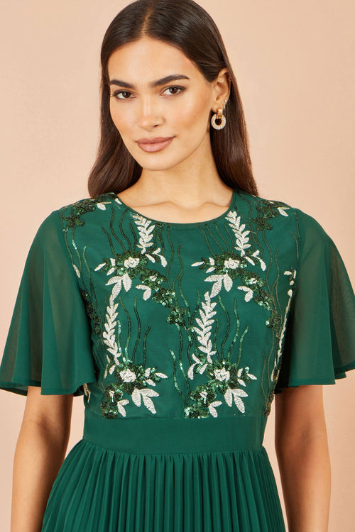 Yumi Green Sequin Embroidered Pleated Midi Dress
