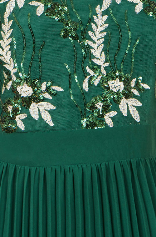 Yumi Green Sequin Embroidered Pleated Midi Dress