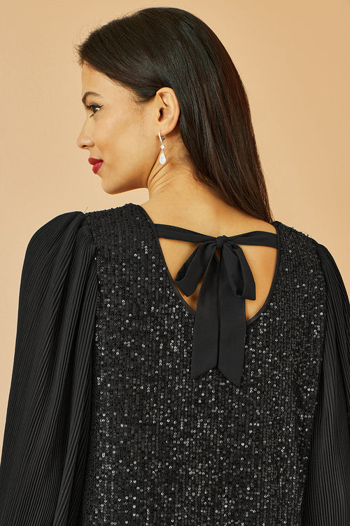 Yumi Black Velvet Sequin Tunic With Long Pleated Sleeves