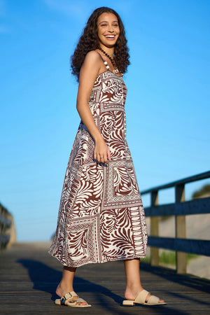 Yumi Brown Tile Print Maxi Dress With Bead Details