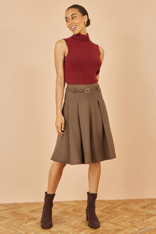 Yumi Brown Pleated Midi Skirt With Matching Belt