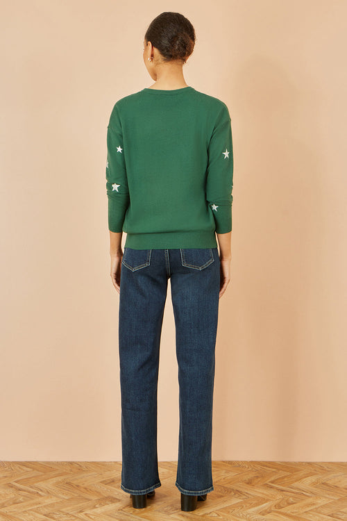 Yumi Green Gold Foil Star Print Relaxed Fit Jumper