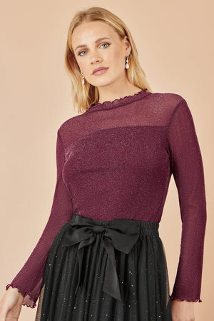 Yumi Burgundy Shimmer Print Mesh Stretch Fitted Top