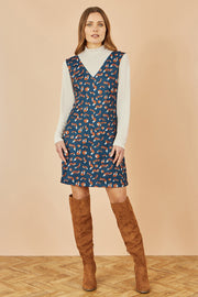 Yumi Navy Fox Long Sleeve Layered Tunic Dress With Front Pocket