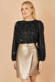 Yumi Black Hanging Sequin Long Sleeve Top