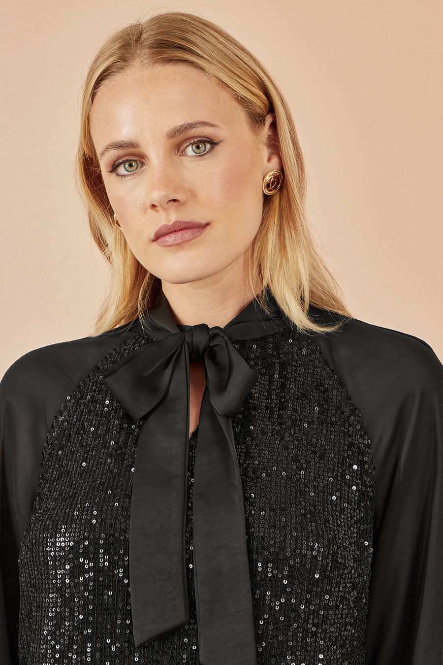 Yumi Black Sequin Pussy Bow Top