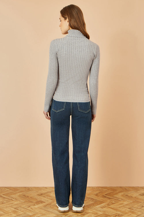 Yumi Grey Ribbed Knit Roll Neck Jumper
