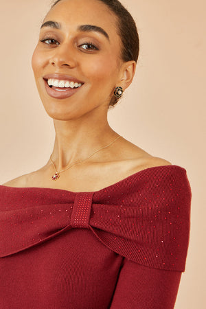 Yumi Burgundy Sparkle Bardot Jumper With Diamante Detail
