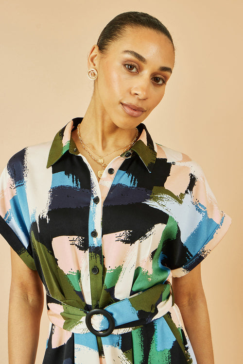 Yumi Blue Brushstroke Print Relaxed Midi shirt Dress