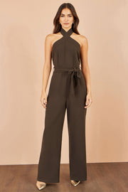 Yumi Brown Cross Over Halter Neck Jumpsuit
