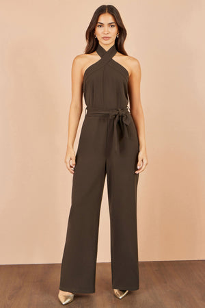 Yumi Brown Cross Over Halter Neck Jumpsuit
