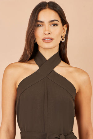 Yumi Brown Cross Over Halter Neck Jumpsuit