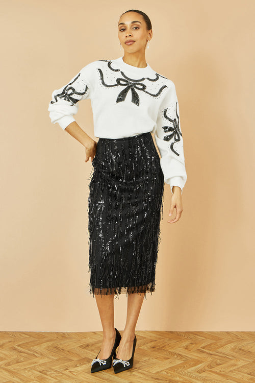 Yumi Black Hanging Sequin Fitted Midi Skirt